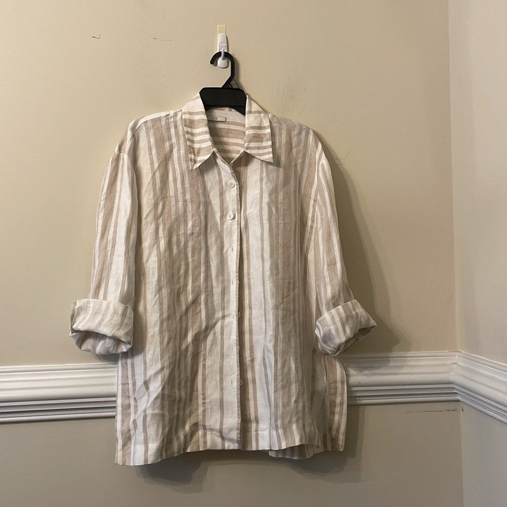CO striped linen‎ blend button down oversized shirt